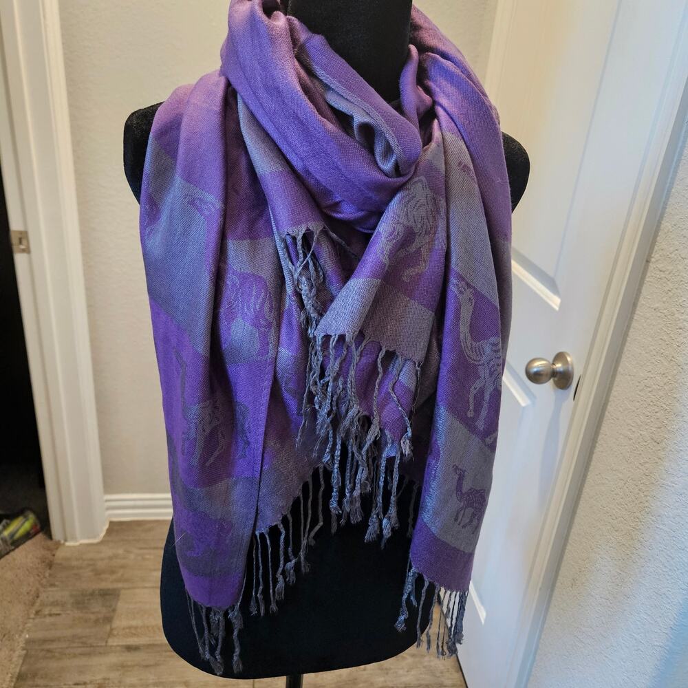 Golden Sky 100% Cashmere Scarf Purple Grey Camel Print Shawl Wrap Winter Fall - Picture 2 of 10